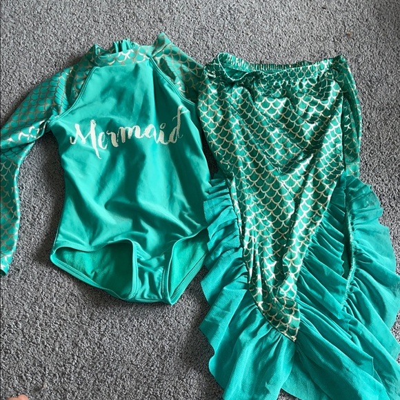 Cat & Jack Teal Mermaid Rashguard Swim Set with Skirt - Picture 1 of 10